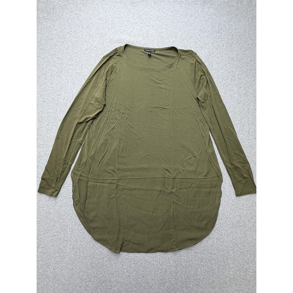 Eileen Fisher Tunic Top Womens Medium Olive Green 100% Silk Long Sleeve Blouse